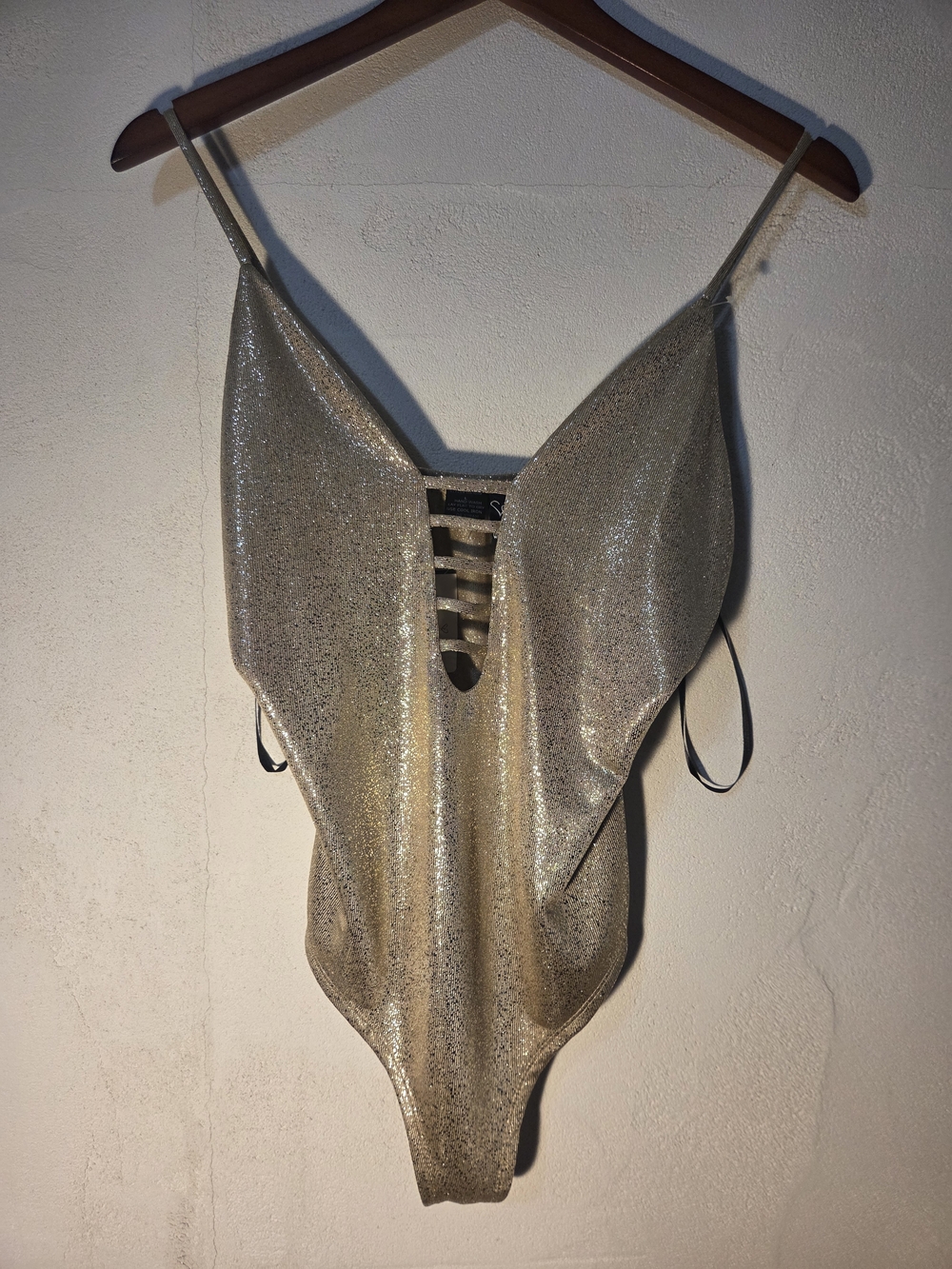 ​Windsor Gold Metallic Strappy Bodysuit Size L Deep V-Neck Sleeveless NWT